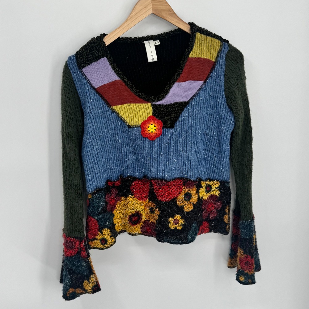 Hand Jive Patchwork Boho‎ Eclectic Knit Sweater XS Artsy Retro Floral